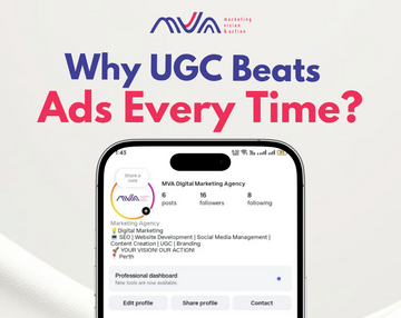 Graphic showing the text “Why UGC Beats Ads Every Time?” above a smartphone screen displaying a social media profile.