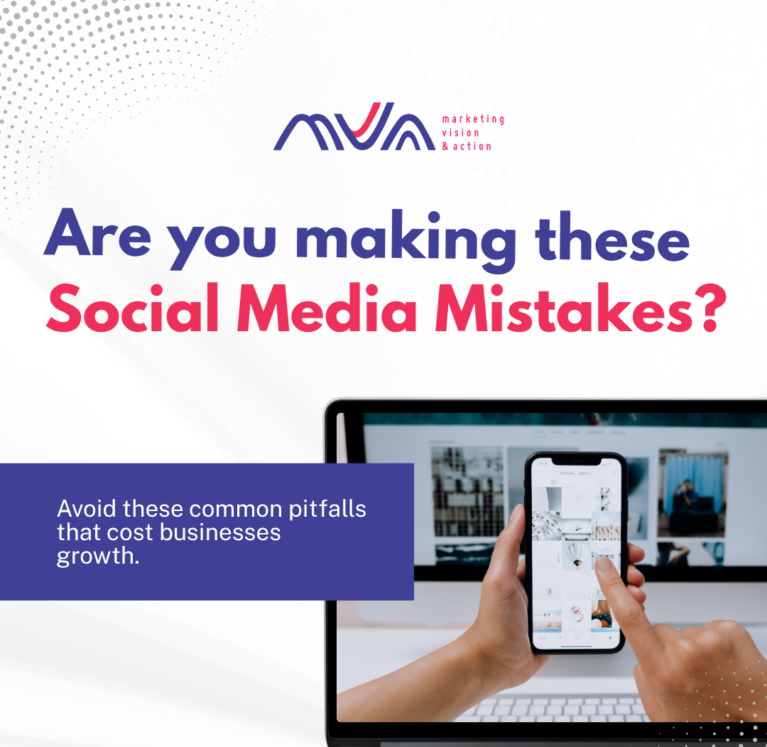 A person holding a smartphone while reviewing social media content on a laptop, with bold text asking “Are you making these Social Media Mistakes?” and a note encouraging viewers to avoid common pitfalls.