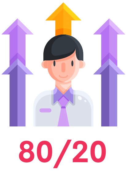 Illustration of a person standing in front of upward-pointing arrows with the text “80/20” displayed below.