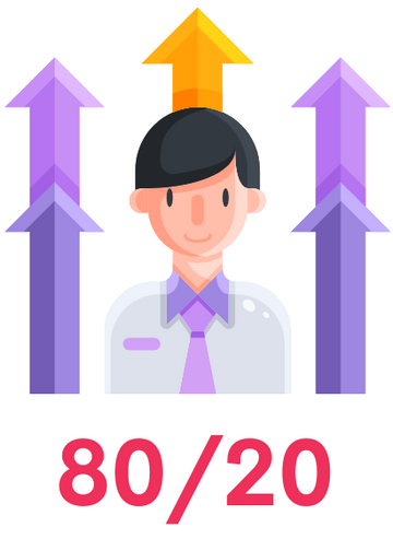 Illustration of a person standing in front of upward-pointing arrows with the text “80/20” displayed below.
