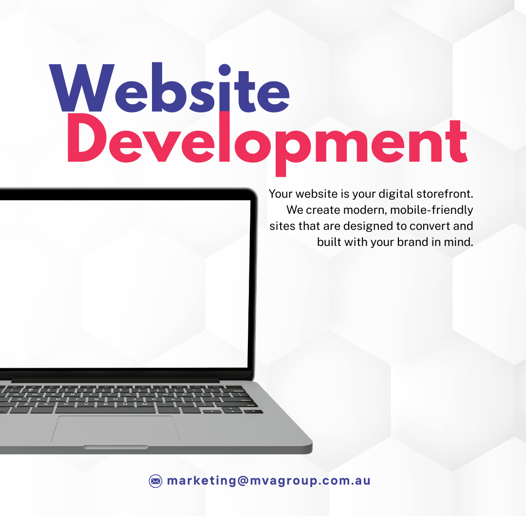 Advertisement for website development services with a laptop and text on a white background