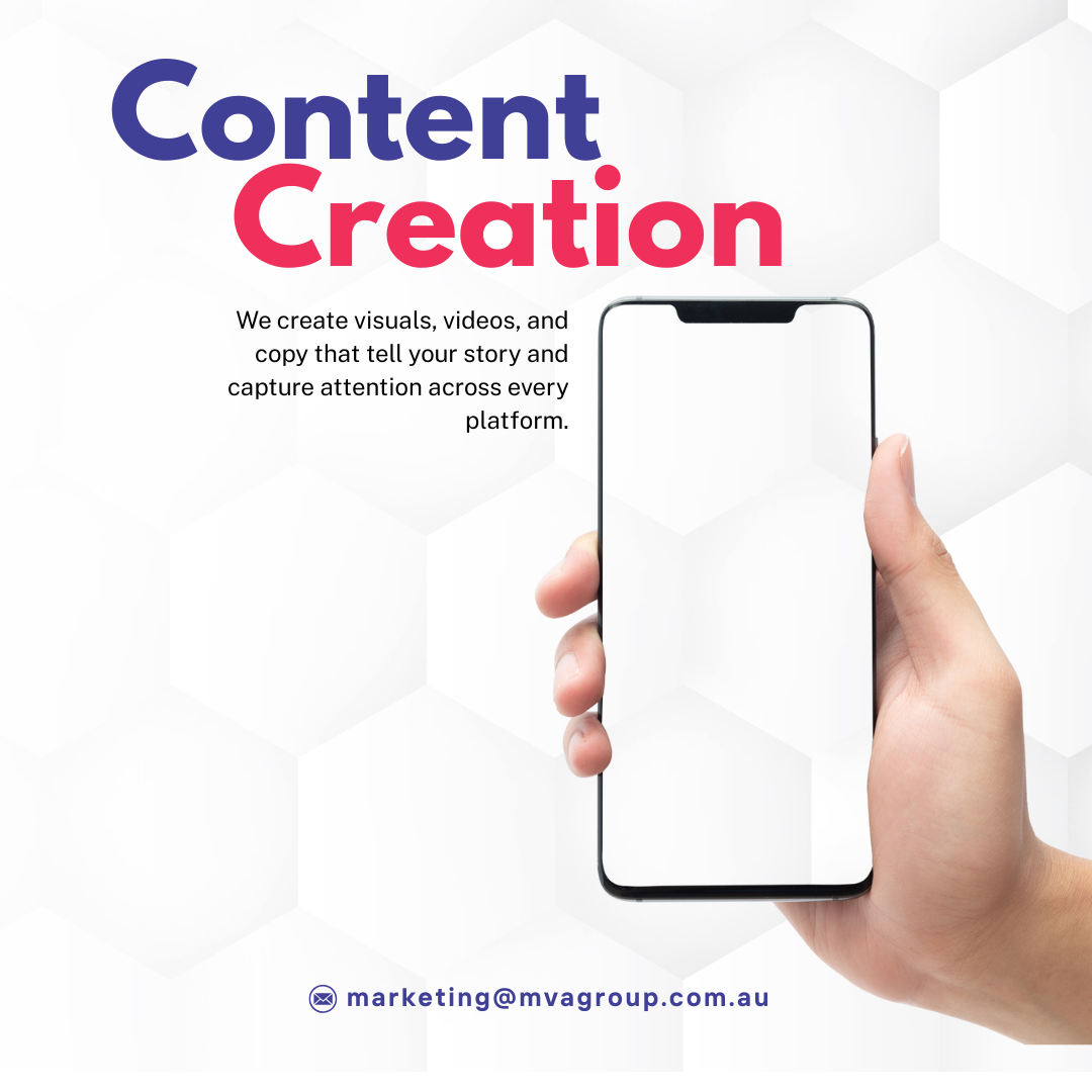 Hand holding a smartphone with 'Content Creation' text and branding information on a white background