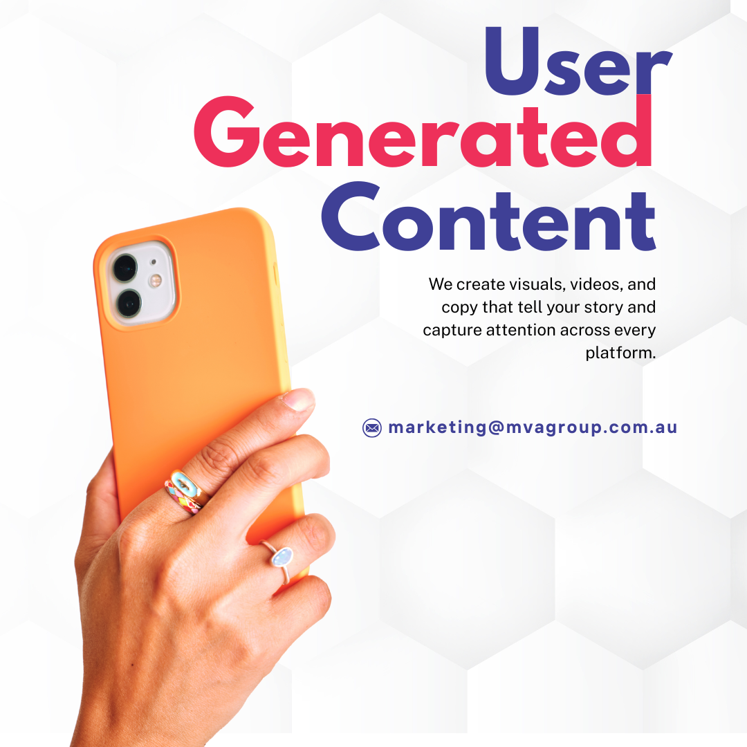Hand holding an orange phone case with 'User Generated Content' text and contact information on a white background