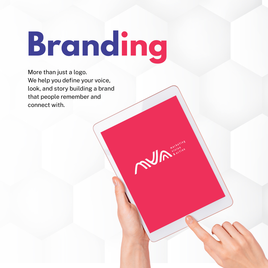 Person holding a tablet with a red screen displaying a logo, with text about branding on a white background.