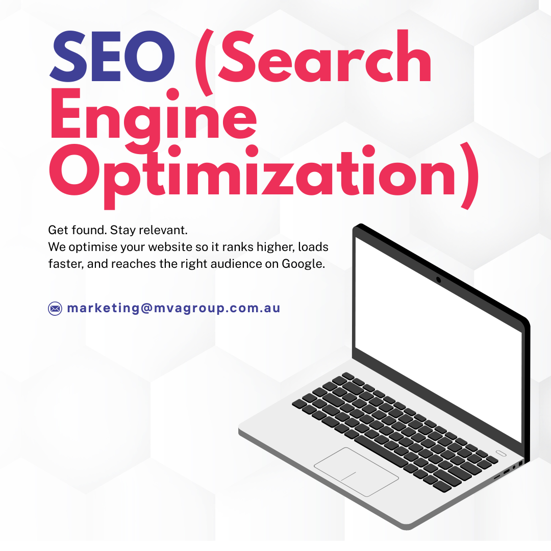 Advertisement for SEO services with a laptop and text on a white background